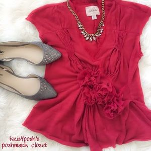 Anthropologie Beautiful Romantic Red Rosette V Neck Top